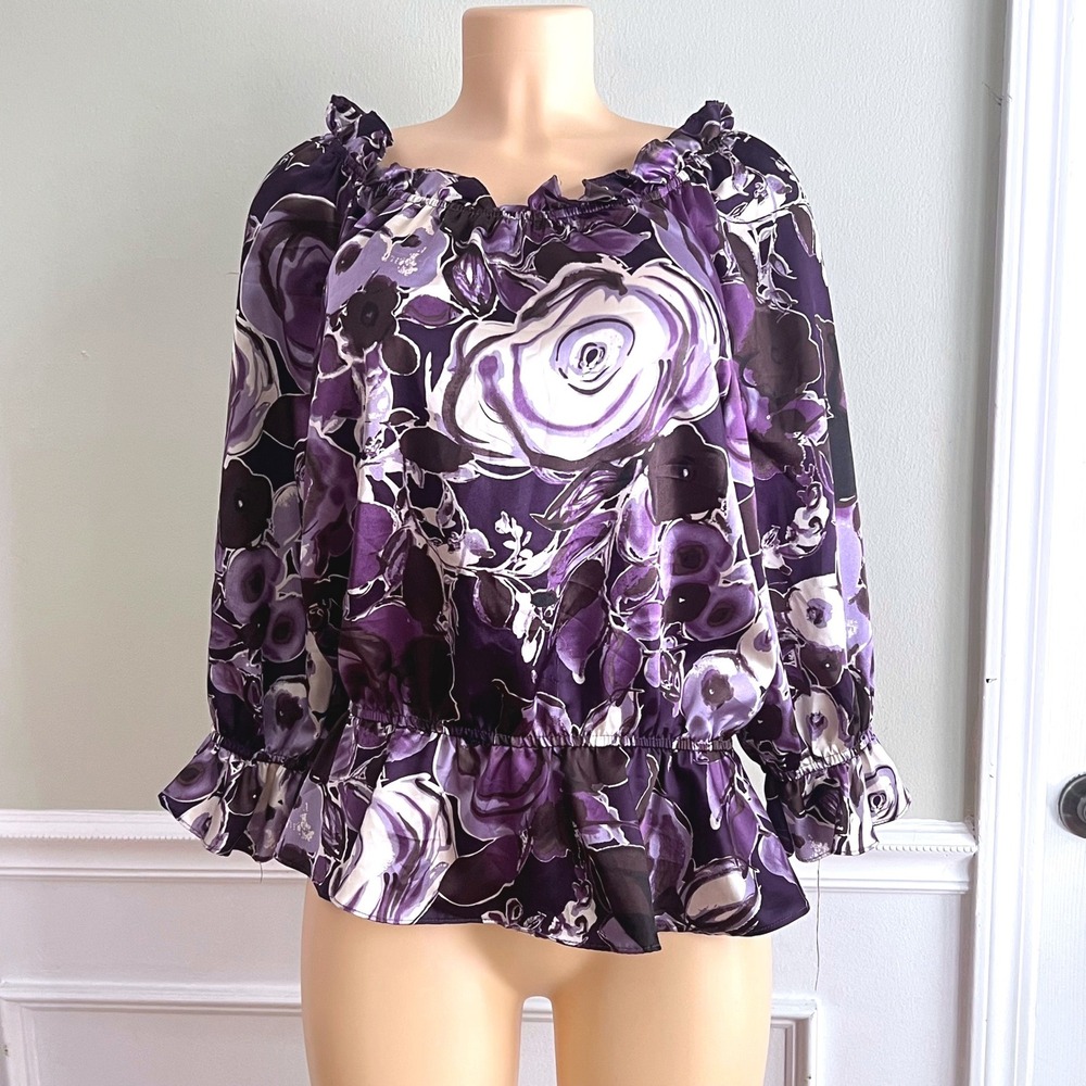 MSK Floral Peplum Blouse Womens Large Off Shoulder Ruffle Purple Rose Boho Top - Picture 2 of 11
